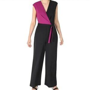 Sandra Darren Color Block Crepe Jumpsuit Hot Pink & Black Size 14